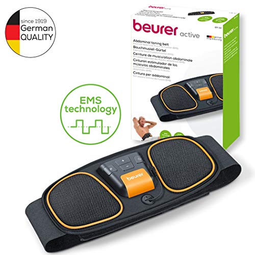 Beurer EM 32 Electroestimulador EMS Cinturón Abdominal,5 programas de entrenamiento, 2 electrodos agua sin necesidad de geles ni recambios, pantalla LCD, 75-140cm cintura