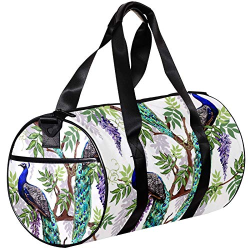 Bolsa de deporte redonda con correa de hombro desmontable, diseño de flores tropicales japonesas, glicina, pavo real, bolsa de entrenamiento para mujeres y hombres