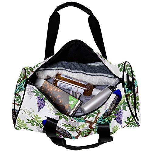 Bolsa de deporte redonda con correa de hombro desmontable, diseño de flores tropicales japonesas, glicina, pavo real, bolsa de entrenamiento para mujeres y hombres