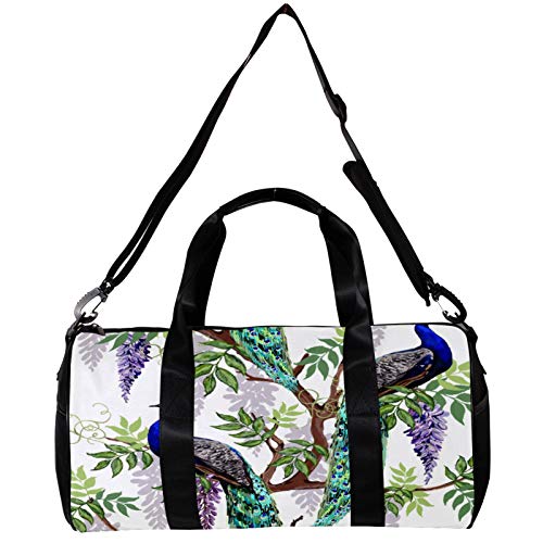 Bolsa de deporte redonda con correa de hombro desmontable, diseño de flores tropicales japonesas, glicina, pavo real, bolsa de entrenamiento para mujeres y hombres