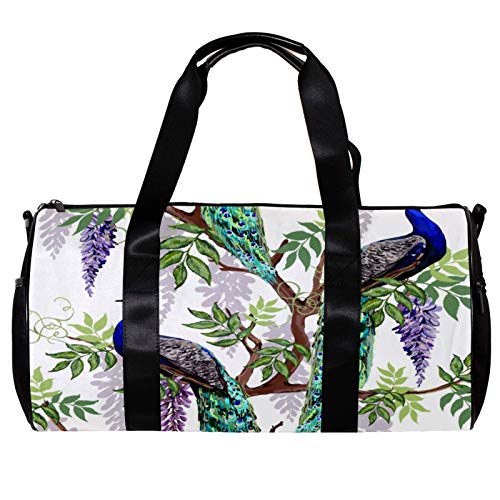 Bolsa de deporte redonda con correa de hombro desmontable, diseño de flores tropicales japonesas, glicina, pavo real, bolsa de entrenamiento para mujeres y hombres