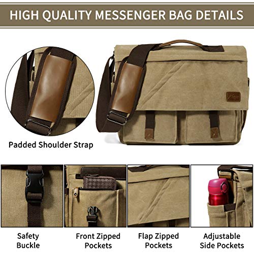 Bolso Hombre Bandolera, Kasgo Vintage Impermeable Lona Maletin Portátil A Prueba de Choques 15.6 Pulgadas con Correa de Hombro Acolchada Casual Bolsa Mensajero Manga de Equipaje Caqui