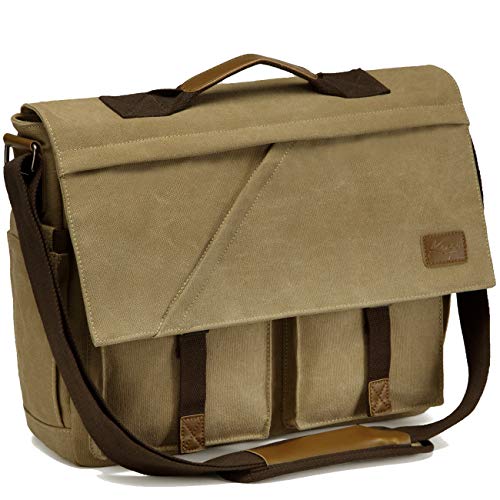 Bolso Hombre Bandolera, Kasgo Vintage Impermeable Lona Maletin Portátil A Prueba de Choques 15.6 Pulgadas con Correa de Hombro Acolchada Casual Bolsa Mensajero Manga de Equipaje Caqui