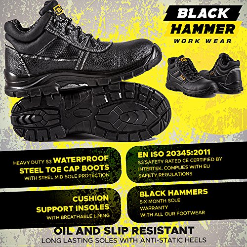 Botas de Seguridad de Cuero para Hombres Puntera de Acero Protección de Entresuela Resistente al Agua Impermeable S3 SRC Calzado de Trabajo al Tobillo de Cuero 1007 Black Hammer (44 EU)