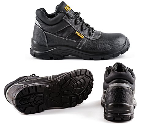 Botas de Seguridad de Cuero para Hombres Puntera de Acero Protección de Entresuela Resistente al Agua Impermeable S3 SRC Calzado de Trabajo al Tobillo de Cuero 1007 Black Hammer (44 EU)