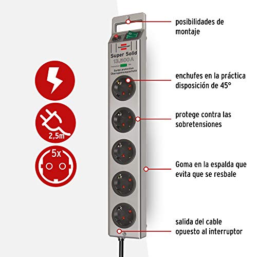 Brennenstuhl Super-Solid regleta enchufes con 5 tomas y protección sobretensiones hasta 13.500 A (cable de 2.5 m, anti picos tensión, para interiores) plateado