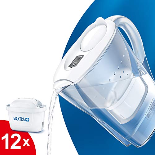 BRITA Marella blanca Pack Ahorro – Jarra de Agua Filtrada con 12 cartuchos MAXTRA+, Filtro de agua BRITA que reduce la cal y el cloro, Agua filtrada para un sabor óptimo, 2.4L