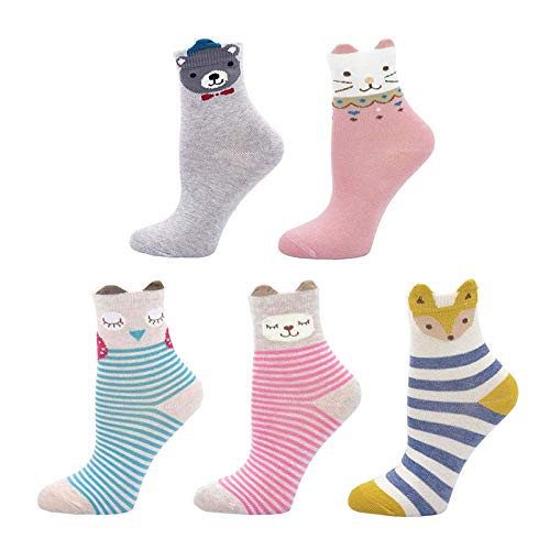 Calcetines de Algodón para Niñas Novedad Diseños Calcetines, Animalitos estampados con orejitas en relieve, 2-11 Años, Pack de 5 Pares