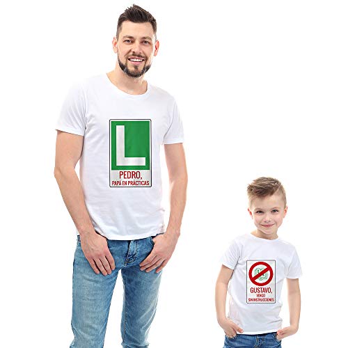 Calledelregalo Regalo Personalizable para Padres e Hijos: Pack de Dos Camisetas 'Padre Novato' Personalizadas con Sus Nombres