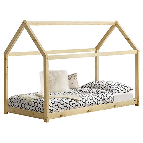 Cama para niños de Madera Pino 70 x 140cm o 80 x 160cm Cama Infantil Forma de casa Casita Blanco o Pino Natural (Pino Natural, 90x200cm)