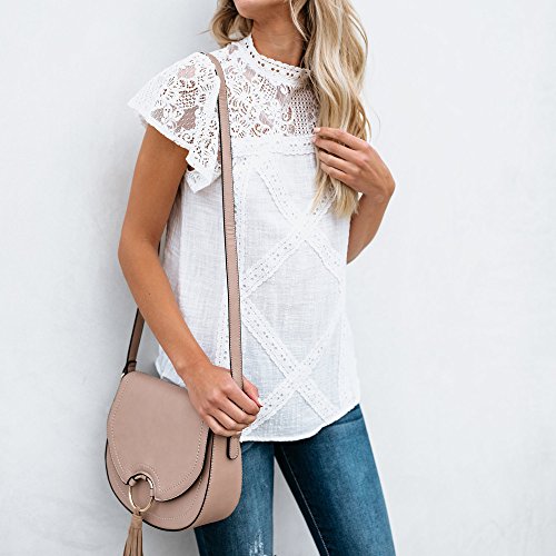 Camisetas Mujer SHOBDW Dia de la Mujer Verano Patchwork De Encaje Casual Ahuecar Volantes Manga Corta Suéter De Cuello De Tortuga Linda Blusa Floral Camiseta Blanca para Mujer (5XL, A-Blanco)