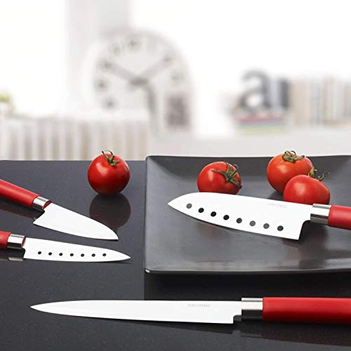 Cecotec Juego de 4 Cuchillos Profesionales de Estilo japonés para Uso doméstico. Recubrimiento cerámico. Set de Cuchillos Santoku (Rojo)