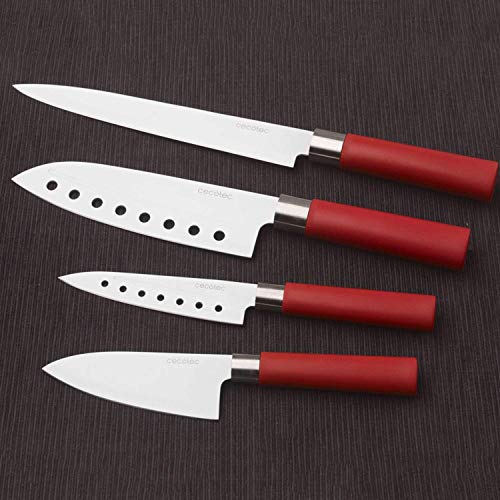 Cecotec Juego de 4 Cuchillos Profesionales de Estilo japonés para Uso doméstico. Recubrimiento cerámico. Set de Cuchillos Santoku (Rojo)