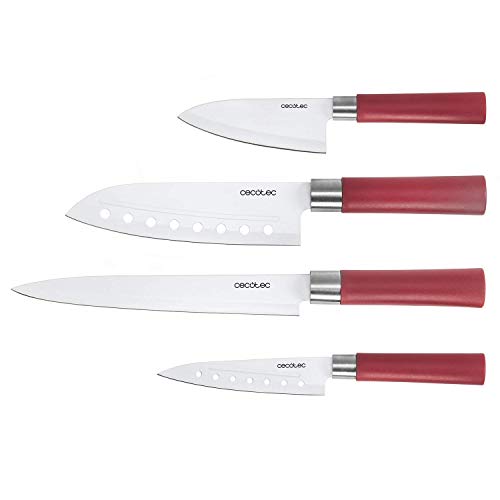 Cecotec Juego de 4 Cuchillos Profesionales de Estilo japonés para Uso doméstico. Recubrimiento cerámico. Set de Cuchillos Santoku (Rojo)