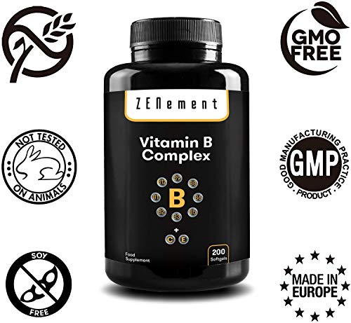 Complejo de Vitaminas B, 200 Perlas | Ocho Vitaminas B (B1, B2, B3, B5, B6, B12, Biotina y Ácido Fólico) + Vit. C y E | Mejora la energía, el estado de ánimo y la salud general | de Zenement