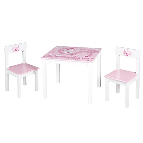 Conjunto de asientos roba 'Corona', Conjunto de muebles infantiles compuesto por dos sillas y una mesa de juegos, decoraciones con Princesas, Palacios y otros complementos en rosa.