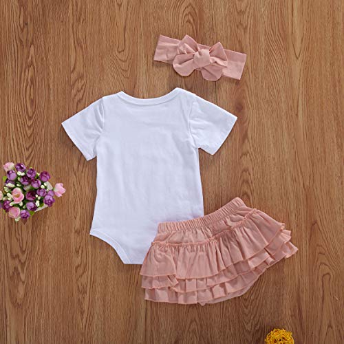 Conjunto de Trajes de Verano para bebés y niñas, Tops de Mameluco con Estampado de Letras de Manga Corta + Pantalones Cortos de tutú + Conjunto de Diadema (White, 9-12 Months)