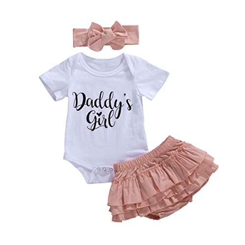 Conjunto de Trajes de Verano para bebés y niñas, Tops de Mameluco con Estampado de Letras de Manga Corta + Pantalones Cortos de tutú + Conjunto de Diadema (White, 9-12 Months)