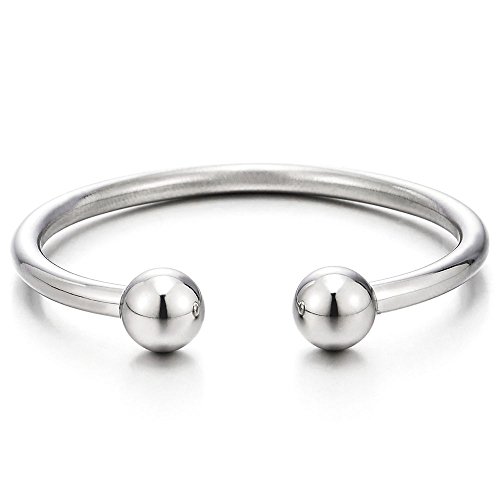 COOLSTEELANDBEYOND Elástica Ajustable, Bola Pulsera Brazalete Pulsera de Hombre Mujer, Acero Inoxidable, Color de Plata, Espejo Pulido