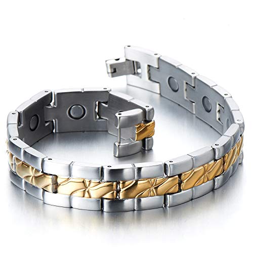 COOLSTEELANDBEYOND Magnetico, Pulsera de Hombre, Acero Inoxidable, con Imanes, Link, Brazalete, Oro Plata Dos Tonos