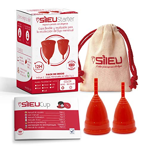 Copa Menstrual Sileu Cup Sport - Copa deportiva para práctica de deportes, pilates, yoga, piscina, baile, gimnasio - Alternativa ecológica y natural a tampones y compresas - Talla S + L, Rojo