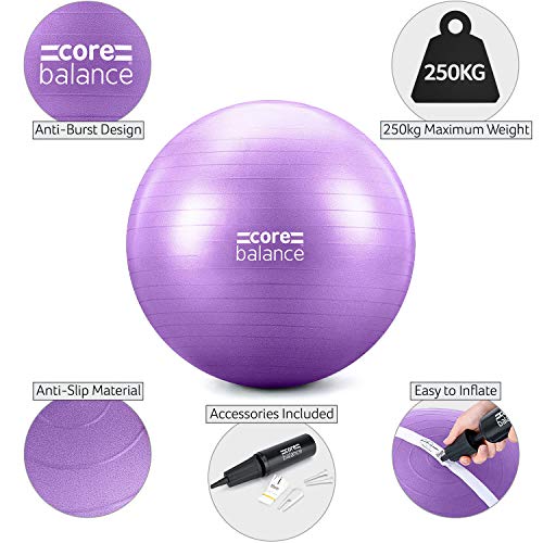 CORE BALANCE, Pelota de Pilates, Fitness, Yoga, Embarazo, Fitball para Ejercicios Gimnasia - Muy Resistente – Tamaño 55cm 65cm 75cm 85cm - Hinchador Incluido