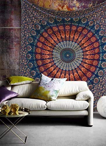 Craftozone Multi-Colored Mandala Tapestry Indian Wall Hanging, Bedsheet (Dark Blue, 230x220 cms)