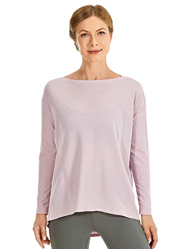 CRZ YOGA Mujer Loose Fit Top Ropa Deportiva Camiseta De Manga Larga con Cuello Barco Rosa Gris 46