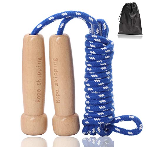 Cuerda para Saltar Skipping Rope Ajustable con Mango de Madera para niños y Adultos, Adecuado para el Juego Escolar o Actividad al Aire Libre, Longitud 9.8Ft/3M (Azul)