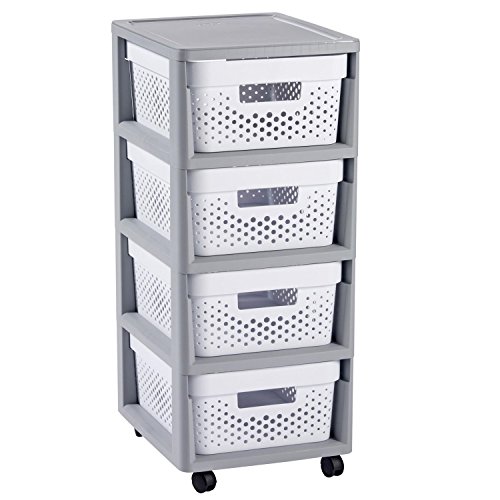 Curver - Mueble Organizador 4 Cajones Infinity con Ruedas - Cajones Extraíbles - Colores Gris / Blanco