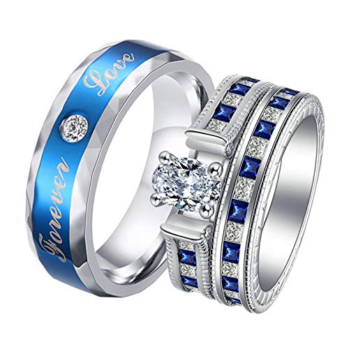 Daesar Anillos de 1Par Parejas Acero Inoxidable Plata Azul Redondo Forever Love con Circonita Azul Blanca Talla Mujer 17 & Hombre 22