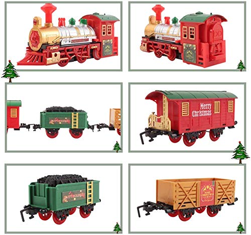 deAO Tren Clásico Infantil con Luces y Sonidos Conjunto Navideño de Vías, Locomotora y 3 Vagones Tren de Juguete Electrónico Decoración de Navidad