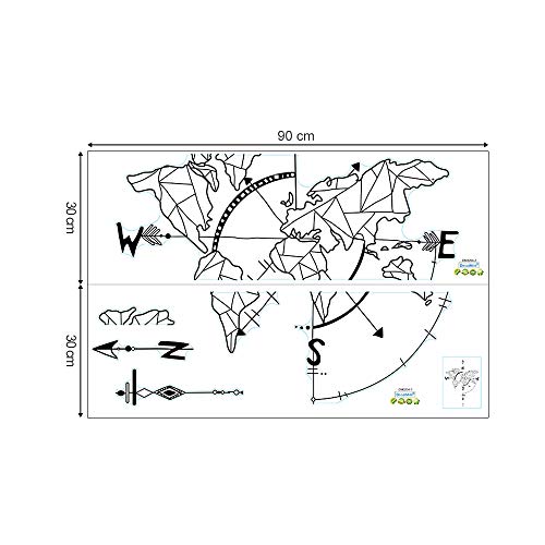 decalmile Negro Mapa del Mundo Pegatinas de Pared Brújula Náutica Vinilo Decorativos Adhesivos Desmontable Mural Oficina Dormitorio Salón Decoración