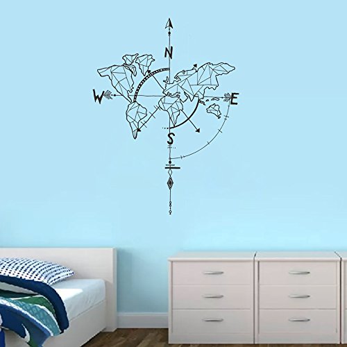 decalmile Negro Mapa del Mundo Pegatinas de Pared Brújula Náutica Vinilo Decorativos Adhesivos Desmontable Mural Oficina Dormitorio Salón Decoración