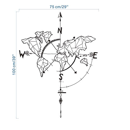 decalmile Negro Mapa del Mundo Pegatinas de Pared Brújula Náutica Vinilo Decorativos Adhesivos Desmontable Mural Oficina Dormitorio Salón Decoración