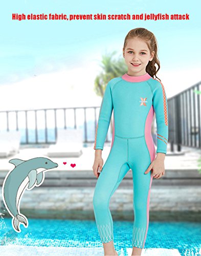 DIVE&SAIL - Maillot de Buceo para Niñas de 2.5mm Mantener Calor Prevención con Mangas Largas Traje de Neopreno para Playa Anti-UV Color Brillante - Azul Rosa - Talla XL