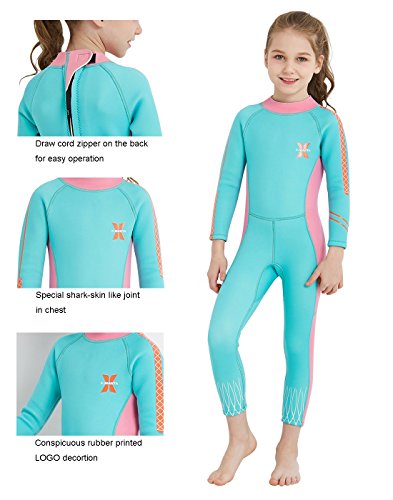 DIVE&SAIL - Maillot de Buceo para Niñas de 2.5mm Mantener Calor Prevención con Mangas Largas Traje de Neopreno para Playa Anti-UV Color Brillante - Azul Rosa - Talla XL