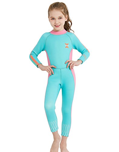 DIVE&SAIL - Maillot de Buceo para Niñas de 2.5mm Mantener Calor Prevención con Mangas Largas Traje de Neopreno para Playa Anti-UV Color Brillante - Azul Rosa - Talla XL