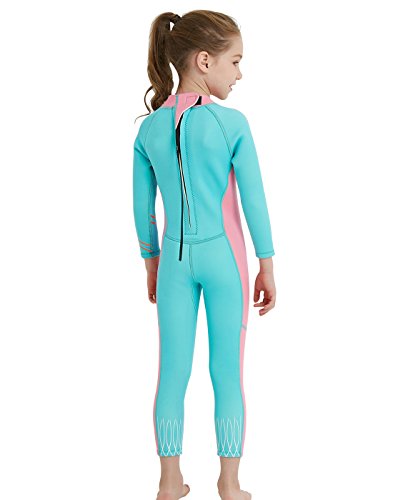 DIVE&SAIL - Maillot de Buceo para Niñas de 2.5mm Mantener Calor Prevención con Mangas Largas Traje de Neopreno para Playa Anti-UV Color Brillante - Azul Rosa - Talla XL