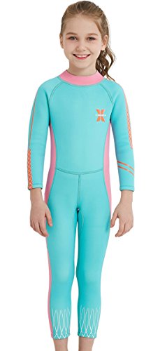 DIVE&SAIL - Maillot de Buceo para Niñas de 2.5mm Mantener Calor Prevención con Mangas Largas Traje de Neopreno para Playa Anti-UV Color Brillante - Azul Rosa - Talla XL