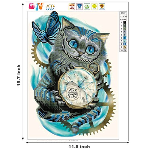 DIY 5d Diamond pintura por número Kit, 5D diamond painting full drill,Cat reloj Crystal Rhinestone bordado de punto de cruz artes manualidades lienzo pared decoración,Gato y reloj