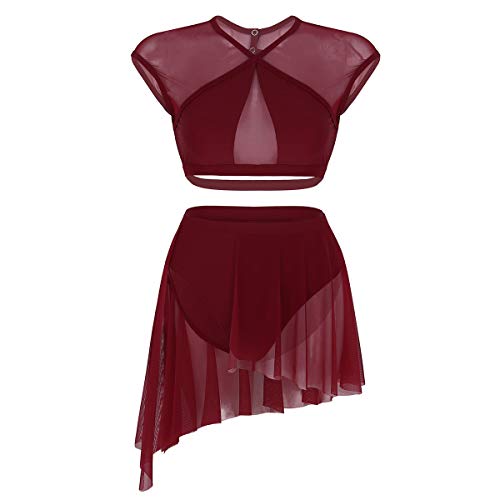 dPois 2 Piezas Traje de Danza Lírica Contemporánea para Mujer Chica Vestido Elegante de Ballet Baile Moderno Conjunto Criss Cross Crop Top + Falda Corta Irregular Fiesta Actuación Rojo M