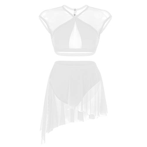 dPois 2 Piezas Traje de Danza Lírica Contemporánea para Mujer Chica Vestido Elegante de Ballet Baile Moderno Conjunto Criss Cross Crop Top + Falda Corta Irregular Fiesta Actuación Blanco S