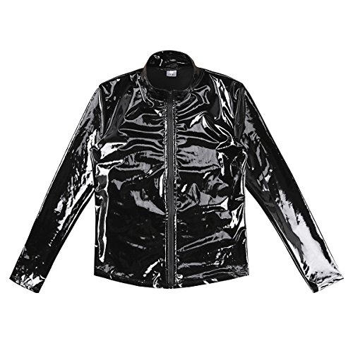 dPois Chaqueta de Cuero Charol Latex para Hombre Camisa Manga Larga Corta Cremallera Tops Cuello Alto Sexy Abrigo Otoño Outercoat de Piel Coat Traje de Club Baile Fiesta Negro M