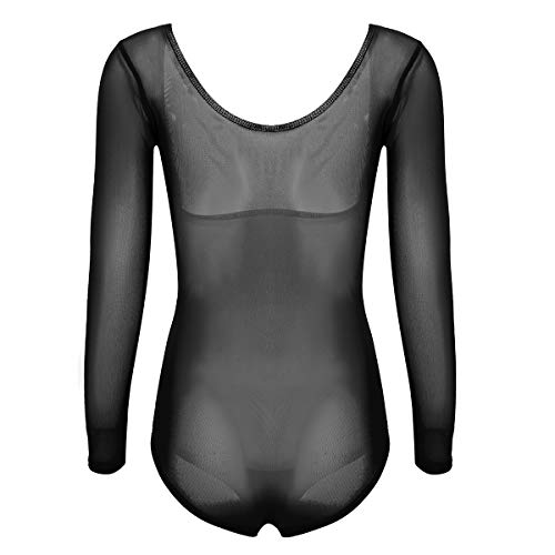 dPois Leotardo Manga Larga de Malla para Mujeres de Danza Maillot Gimnasia Rítmica Body Transparente Bodysuit Corte Alto Elático Dance Body Maillot Ballet Negro One Size