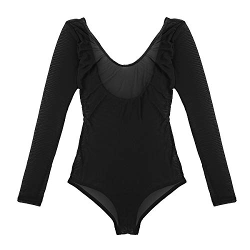 dPois Leotardo Manga Larga de Malla para Mujeres de Danza Maillot Gimnasia Rítmica Body Transparente Bodysuit Corte Alto Elático Dance Body Maillot Ballet Negro One Size