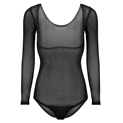 dPois Leotardo Manga Larga de Malla para Mujeres de Danza Maillot Gimnasia Rítmica Body Transparente Bodysuit Corte Alto Elático Dance Body Maillot Ballet Negro One Size