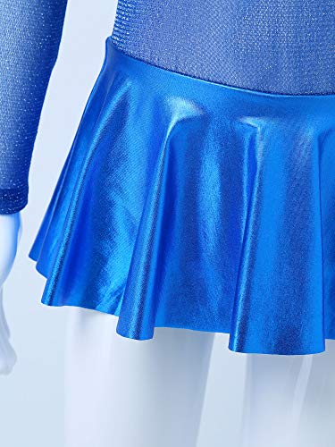 dPois Maillot Leotardo de Gimnasia Rítmica para Niñas con Falda Leotardo de Patinaje Artístico Manga Larga Brillos Metálicos Chicas Azul 9-10 años