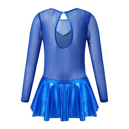 dPois Maillot Leotardo de Gimnasia Rítmica para Niñas con Falda Leotardo de Patinaje Artístico Manga Larga Brillos Metálicos Chicas Azul 9-10 años