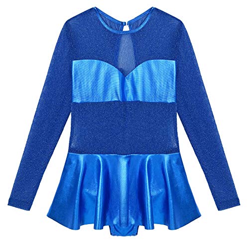 dPois Maillot Leotardo de Gimnasia Rítmica para Niñas con Falda Leotardo de Patinaje Artístico Manga Larga Brillos Metálicos Chicas Azul 9-10 años